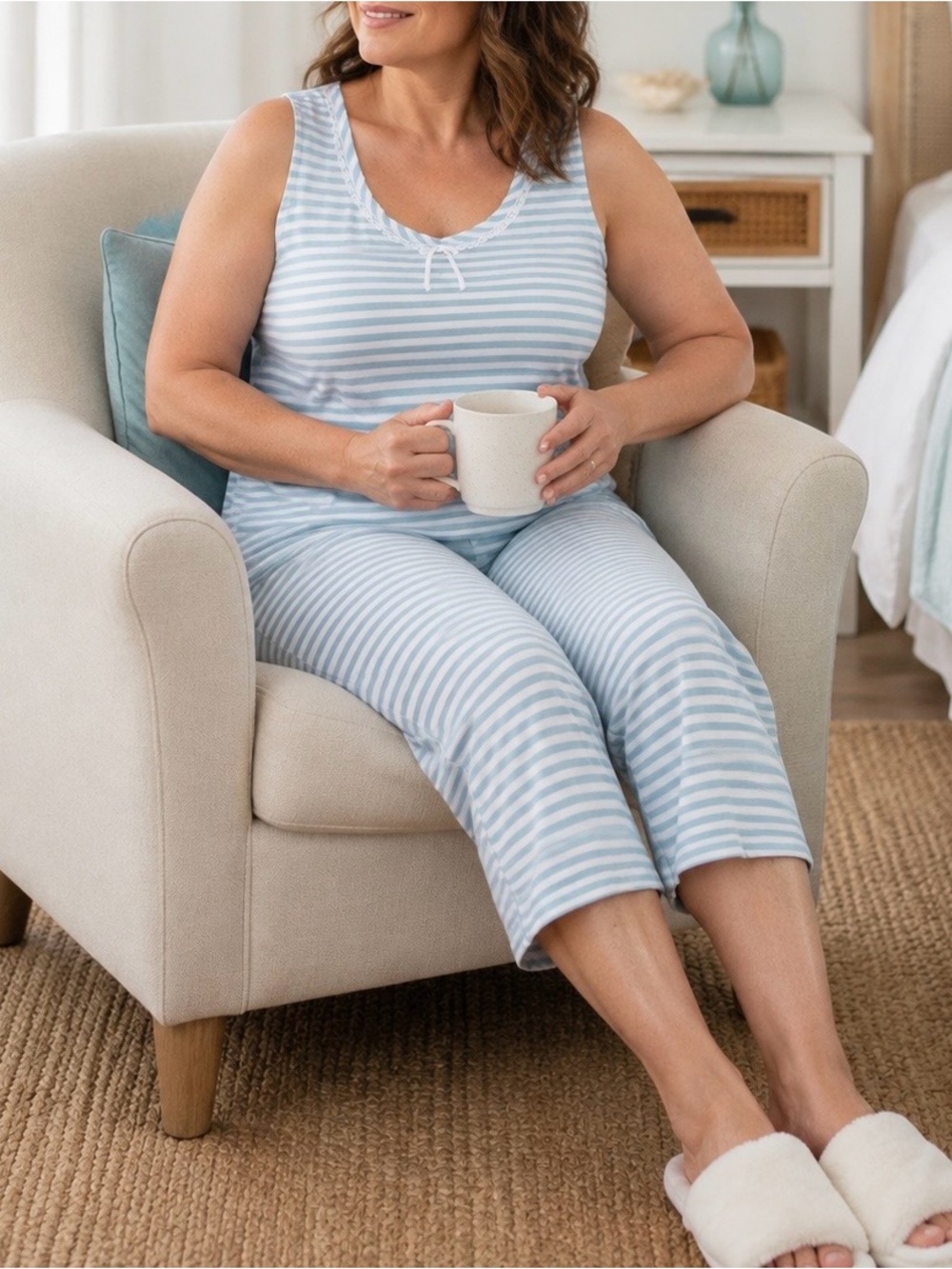 Carole Hochman Striped Capri Pajama Set Petite Large Blue White